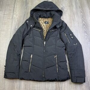 Bogner Ski Jacket Gold Button Down Puffer Hooded Cheetah Print Lined Womens XS